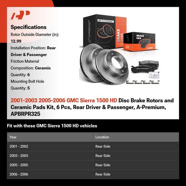 2001-2003 2005-2006 GMC Sierra 1500 HD Disc Brake Rotors and Ceramic Pads Kit, 6 Pcs, Rear Driver & Passenger, A-Premium, APBRPR325