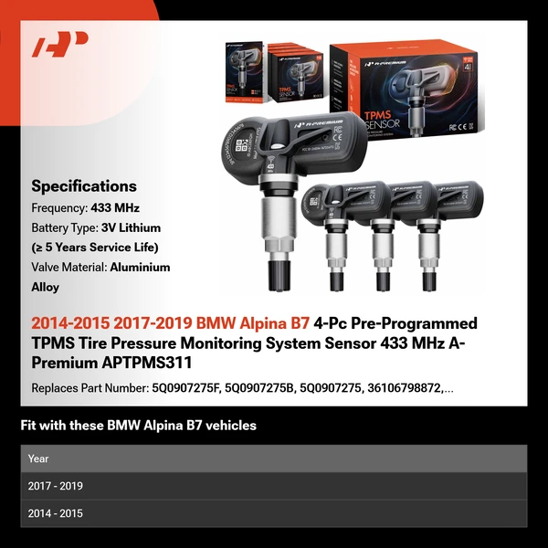 2014-2015 2017-2019 BMW Alpina B7 4-Pc Pre-Programmed TPMS Tire Pressure Monitoring System Sensor 433 MHz A-Premium APTPMS311