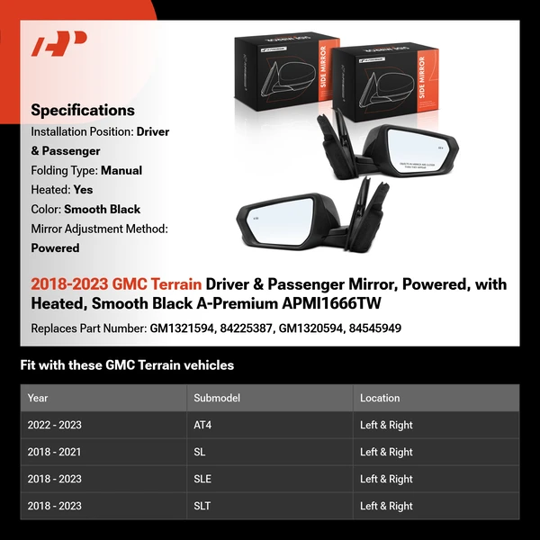 2018-2023 GMC Terrain Driver & Passenger Mirror, Powered, with Heated, Smooth Black A-Premium APMI1666TW