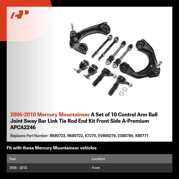 2006-2010 Mercury Mountaineer A Set of 10 Control Arm Ball Joint Sway Bar Link Tie Rod End Kit Front Side A-Premium APCA2246