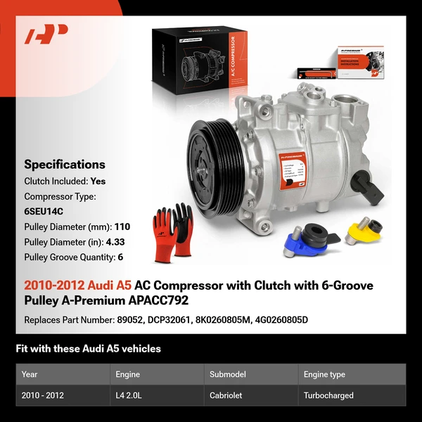 2010-2012 Audi A5 AC Compressor with Clutch with 6-Groove Pulley A-Premium APACC792