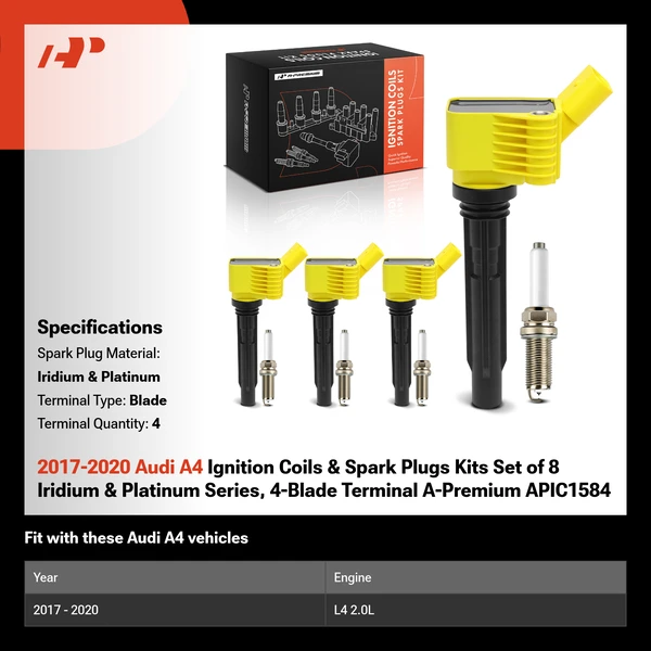 2017-2020 Audi A4 Ignition Coils & Spark Plugs Kits Set of 8 Iridium & Platinum Series, 4-Blade Terminal A-Premium APIC1584
