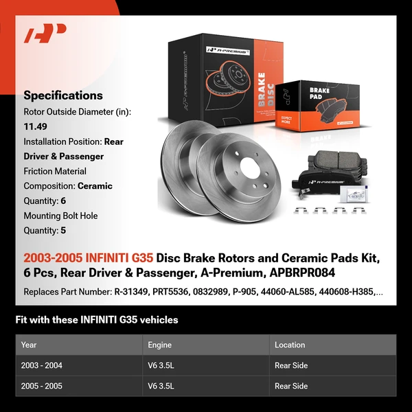 2003-2005 INFINITI G35 Disc Brake Rotors and Ceramic Pads Kit, 6 Pcs, Rear Driver & Passenger, A-Premium, APBRPR084