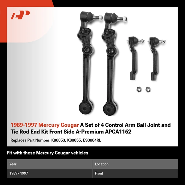 1989-1997 Mercury Cougar A Set of 4 Control Arm Ball Joint and Tie Rod End Kit Front Side A-Premium APCA1162