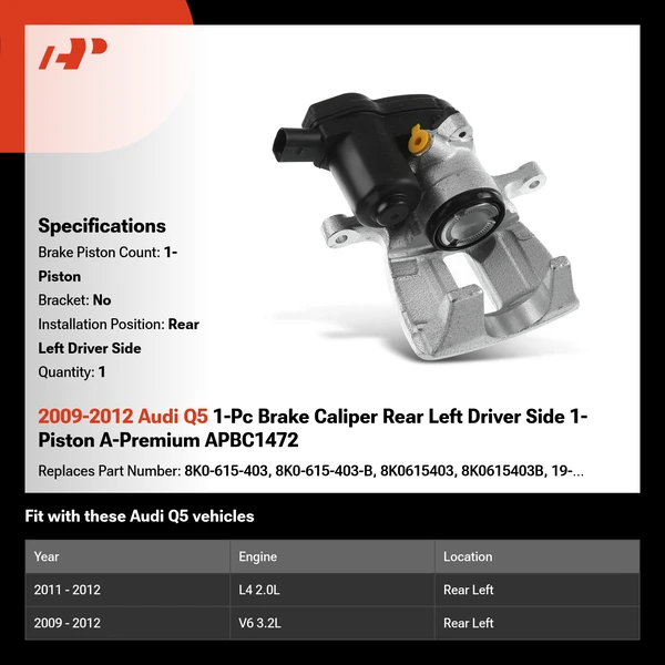 2009-2012 Audi Q5 1-Pc Brake Caliper Rear Left Driver Side 1-Piston A-Premium APBC1472