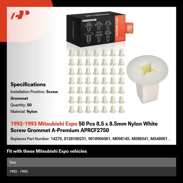 1992-1993 Mitsubishi Expo 50 Pcs 8.5 x 8.5mm Nylon White Screw Grommet A-Premium APRCF2750