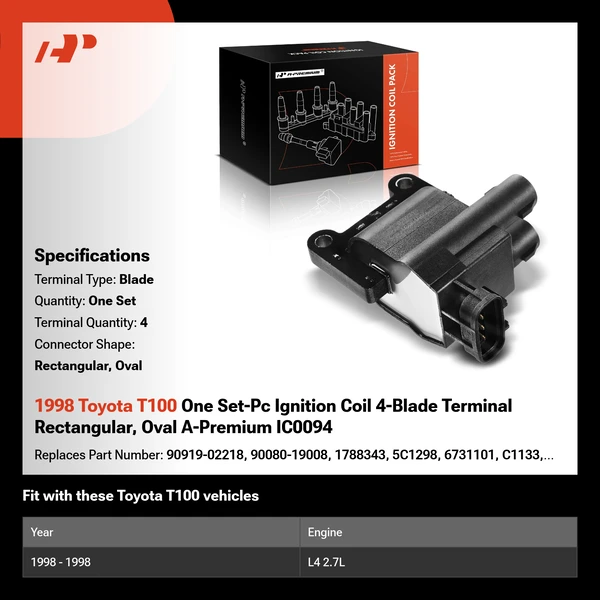1998 Toyota T100 One Set-Pc Ignition Coil 4-Blade Terminal Rectangular, Oval A-Premium IC0094