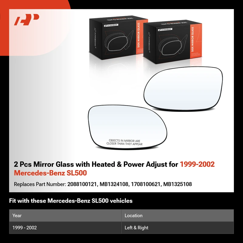 2 Pcs Mirror Glass with Heated & Power Adjust for 1999-2002 Mercedes-Benz SL500