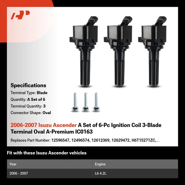 2006-2007 Isuzu Ascender A Set of 6-Pc Ignition Coil 3-Blade Terminal Oval A-Premium IC0163