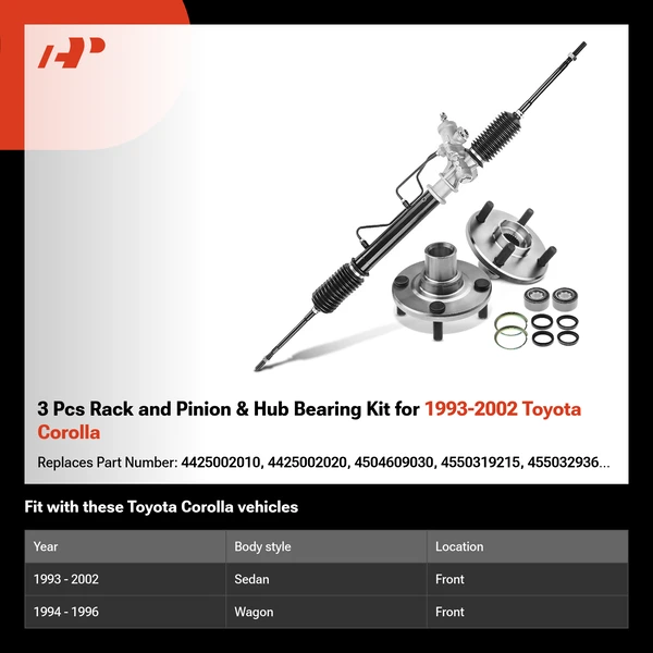 3 Pcs Rack and Pinion & Hub Bearing Kit for 1993-2002 Toyota Corolla