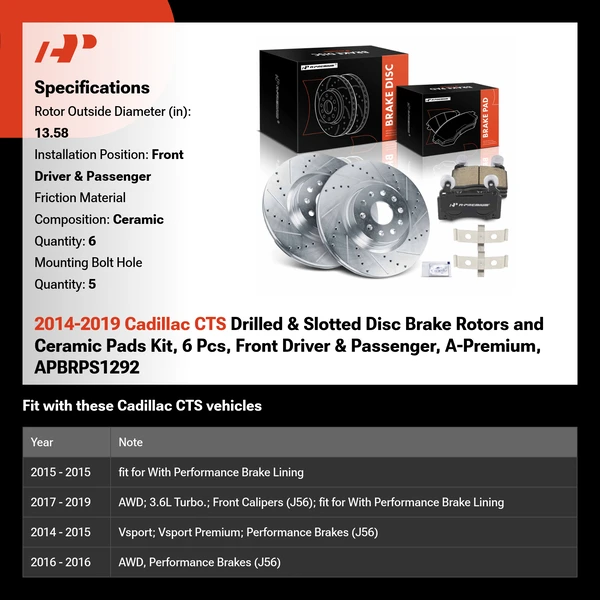 2014-2019 Cadillac CTS Drilled & Slotted Disc Brake Rotors and Ceramic Pads Kit, 6 Pcs, Front Driver & Passenger, A-Premium, APBRPS1292