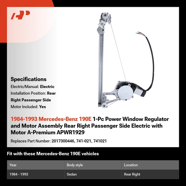 1984-1993 Mercedes-Benz 190E 1-Pc Power Window Regulator and Motor Assembly Rear Right Passenger Side Electric with Motor A-Premium APWR1929