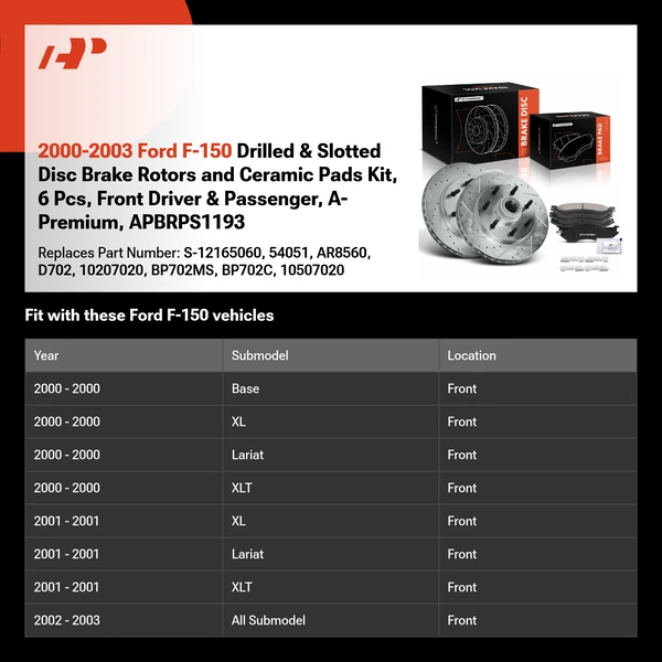 2000-2003 Ford F-150 Drilled & Slotted Disc Brake Rotors and Ceramic Pads Kit, 6 Pcs, Front Driver & Passenger, A-Premium, APBRPS1193