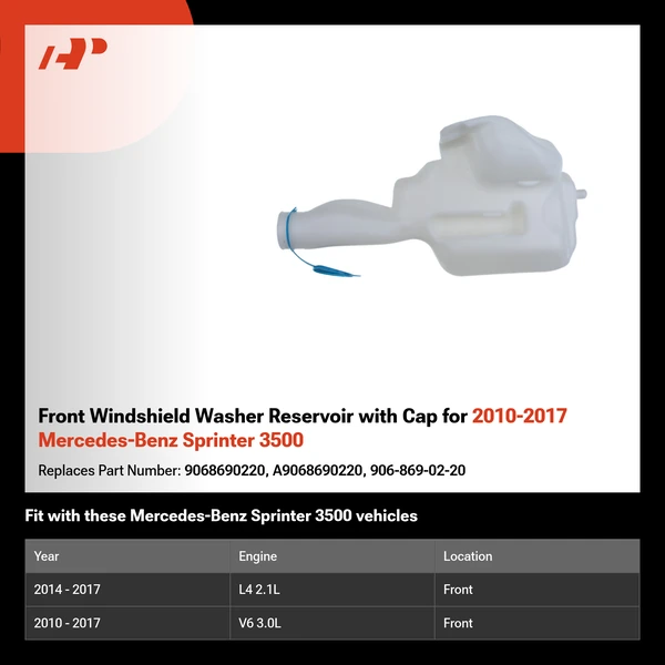 Front Windshield Washer Reservoir with Cap for 2010-2017 Mercedes-Benz Sprinter 3500