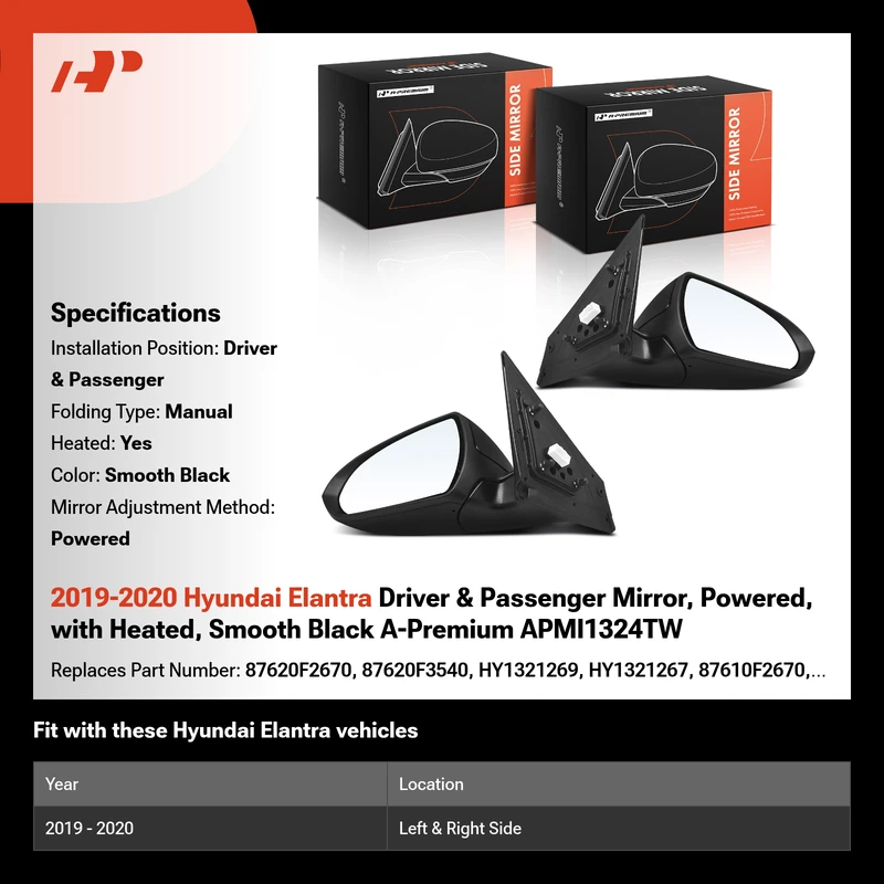 2019-2020 Hyundai Elantra Driver & Passenger Mirror, Powered, with Heated, Smooth Black A-Premium APMI1324TW