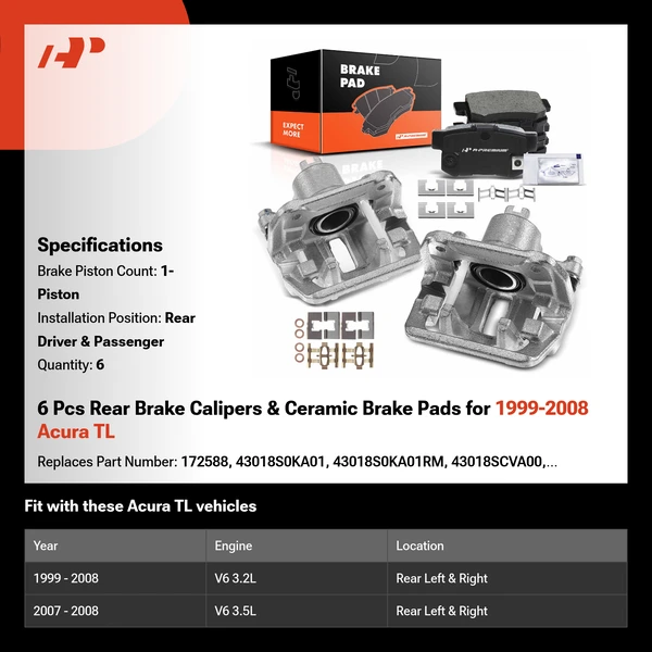 6 Pcs Rear Brake Calipers & Ceramic Brake Pads for 1999-2008 Acura TL