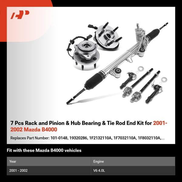 7 Pcs Rack and Pinion & Hub Bearing & Tie Rod End Kit for 2001-2002 Mazda B4000