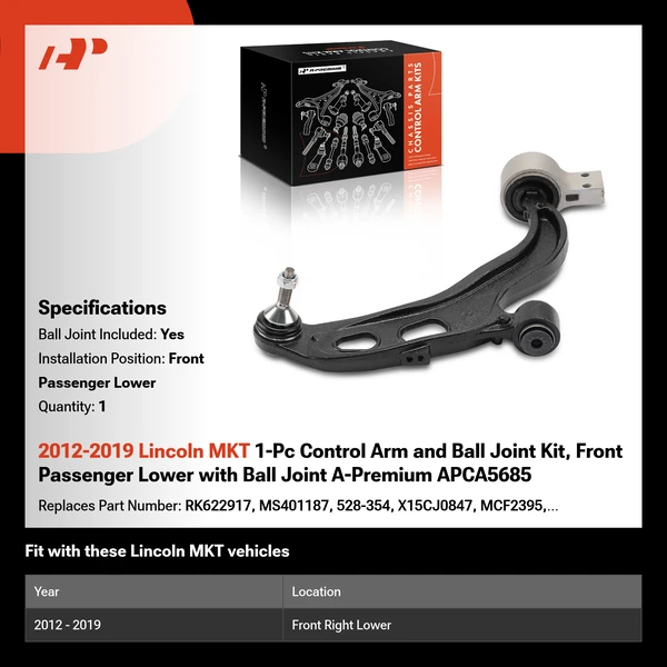 2012-2019 Lincoln MKT 1-Pc Control Arm and Ball Joint Kit, Front Passenger Lower with Ball Joint A-Premium APCA5685