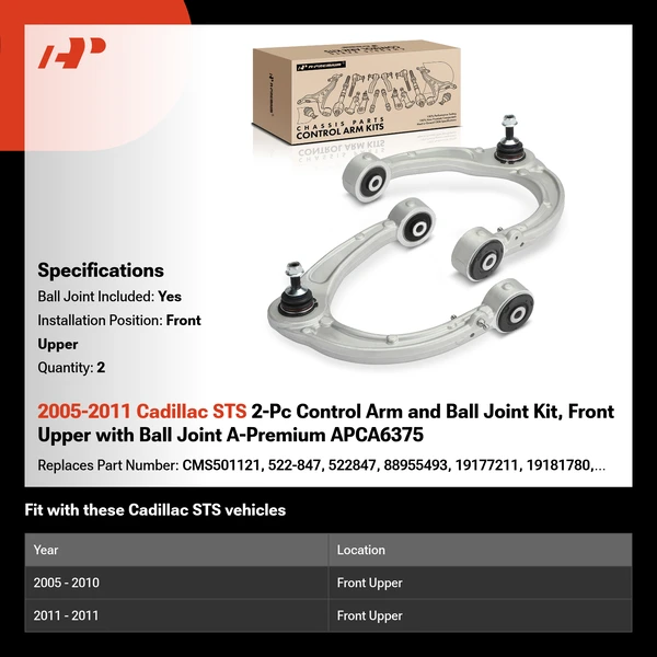 2005-2011 Cadillac STS 2-Pc Control Arm and Ball Joint Kit, Front Upper with Ball Joint A-Premium APCA6375