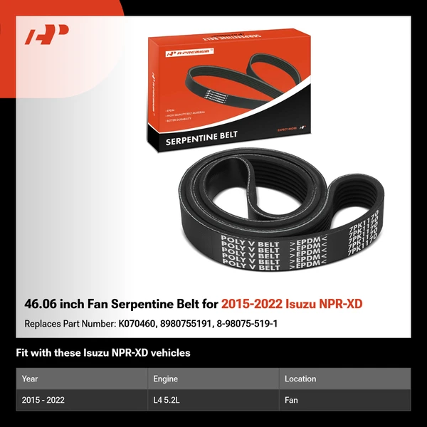 46.06 inch Fan Serpentine Belt for 2015-2022 Isuzu NPR-XD