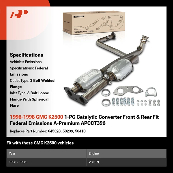 1996-1998 GMC K2500 1-PC Catalytic Converter Front & Rear Fit Federal Emissions A-Premium APCCT396