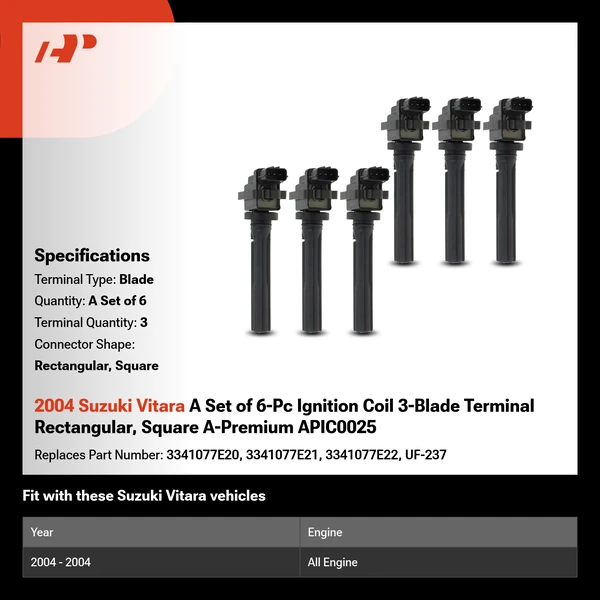 2004 Suzuki Vitara A Set of 6-Pc Ignition Coil 3-Blade Terminal Rectangular, Square A-Premium APIC0025