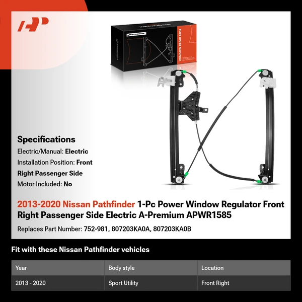 2013-2020 Nissan Pathfinder 1-Pc Power Window Regulator Front Right Passenger Side Electric A-Premium APWR1585