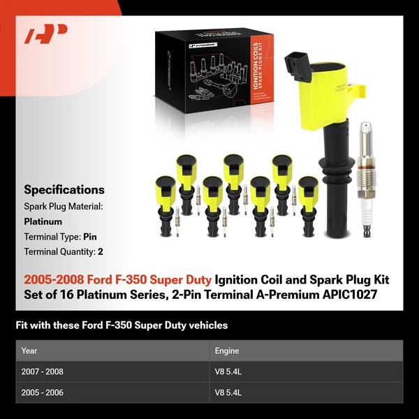 2005-2008 Ford F-350 Super Duty Ignition Coil and Spark Plug Kit Set of 16 Platinum Series, 2-Pin Terminal A-Premium APIC1027