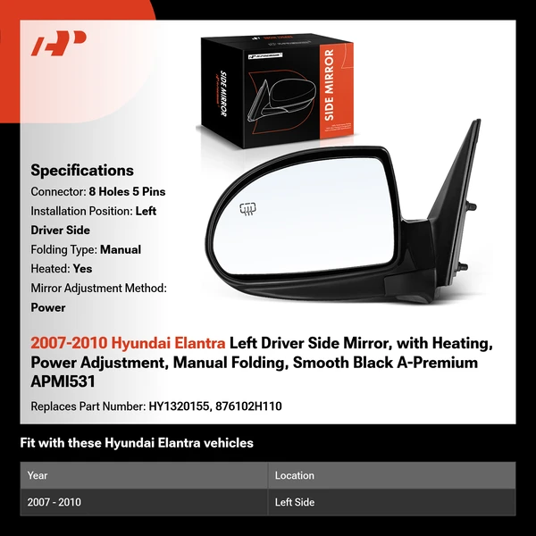 2007-2010 Hyundai Elantra Left Driver Side Mirror, with Heating, Power Adjustment, Manual Folding, Smooth Black A-Premium APMI531