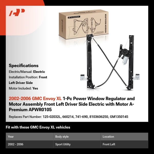 2002-2006 GMC Envoy XL 1-Pc Power Window Regulator and Motor Assembly Front Left Driver Side Electric with Motor A-Premium APWR0105