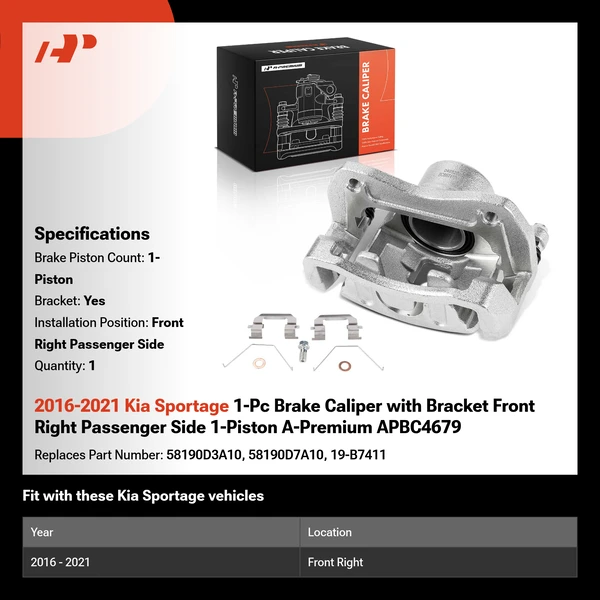 2016-2021 Kia Sportage 1-Pc Brake Caliper with Bracket Front Right Passenger Side 1-Piston A-Premium APBC4679