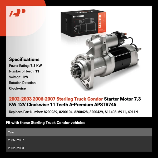 2002-2003 2006-2007 Sterling Truck Condor Starter Motor 7.3 KW 12V Clockwise 11 Teeth A-Premium APSTR746
