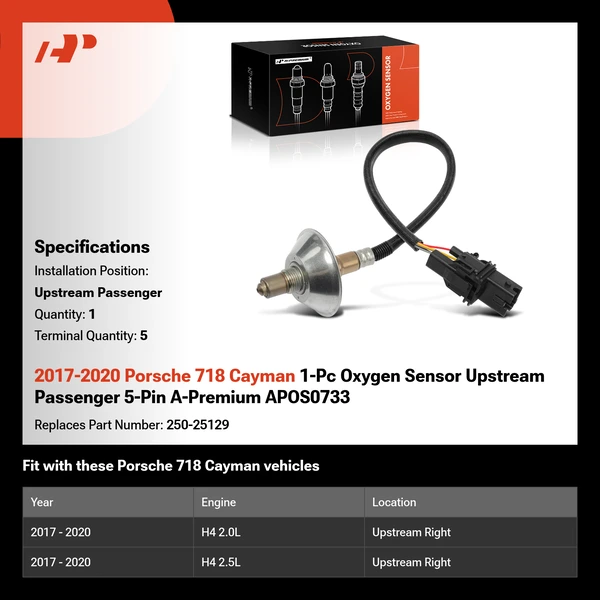 2017-2020 Porsche 718 Cayman 1-Pc Oxygen Sensor Upstream Passenger 5-Pin A-Premium APOS0733