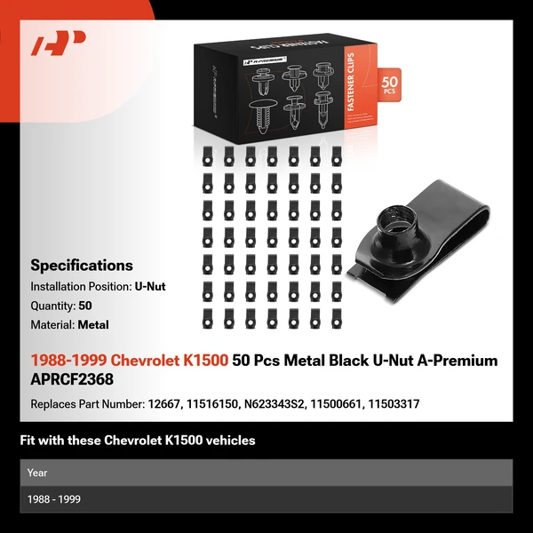 1988-1999 Chevrolet K1500 50 Pcs Metal Black U-Nut A-Premium APRCF2368