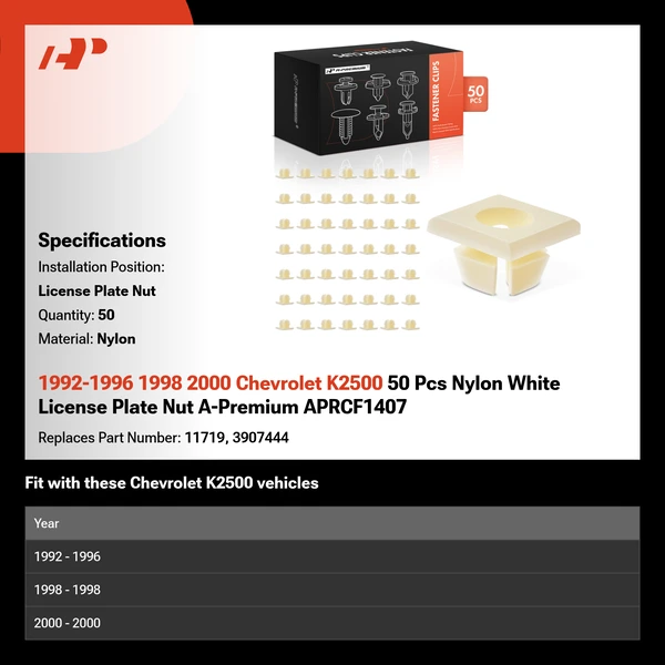 1992-1996 1998 2000 Chevrolet K2500 50 Pcs Nylon White License Plate Nut A-Premium APRCF1407