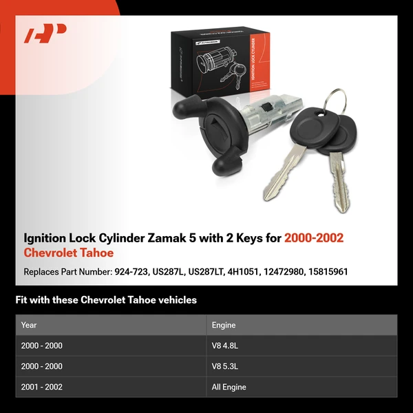 Ignition Lock Cylinder Zamak 5 with 2 Keys for 2000-2002 Chevrolet Tahoe