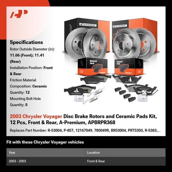 2003 Chrysler Voyager Disc Brake Rotors and Ceramic Pads Kit, 12 Pcs, Front & Rear, A-Premium, APBRPR368