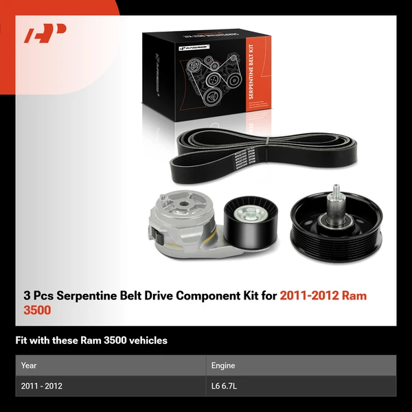 3 Pcs Serpentine Belt Drive Component Kit for 2011-2012 Ram 3500