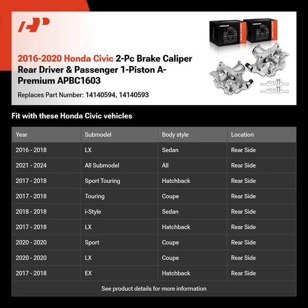 2016-2020 Honda Civic 2-Pc Brake Caliper Rear Driver & Passenger 1-Piston A-Premium APBC1603