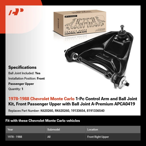 1978-1988 Chevrolet Monte Carlo 1-Pc Control Arm and Ball Joint Kit, Front Passenger Upper with Ball Joint A-Premium APCA0419