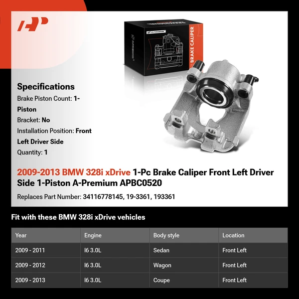 2009-2013 BMW 328i xDrive 1-Pc Brake Caliper Front Left Driver Side 1-Piston A-Premium APBC0520