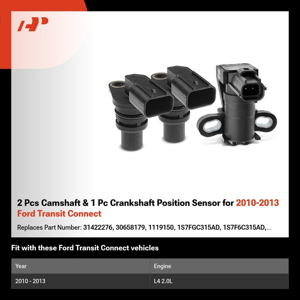 2 Pcs Camshaft & 1 Pc Crankshaft Position Sensor for 2010-2013 Ford Transit Connect