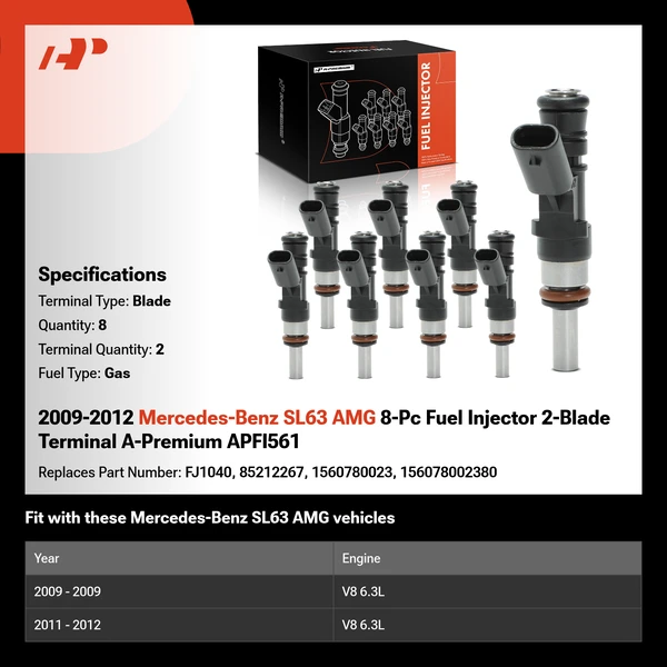 2009-2012 Mercedes-Benz SL63 AMG 8-Pc Fuel Injector 2-Blade Terminal A-Premium APFI561