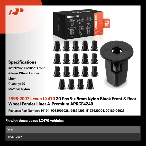 1998-2007 Lexus LX470 20 Pcs 9 x 9mm Nylon Black Front & Rear Wheel Fender Liner A-Premium APRCF4240