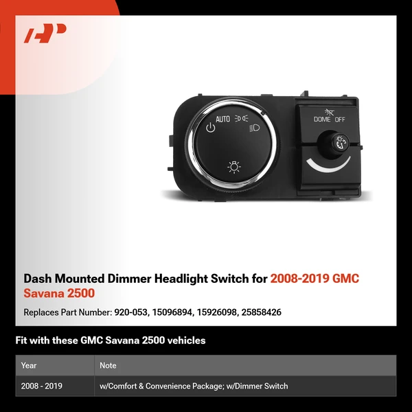 Dash Mounted Dimmer Headlight Switch for 2008-2019 GMC Savana 2500