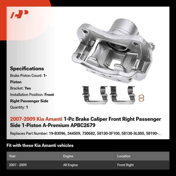 2007-2009 Kia Amanti 1-Pc Brake Caliper Front Right Passenger Side 1-Piston A-Premium APBC2679