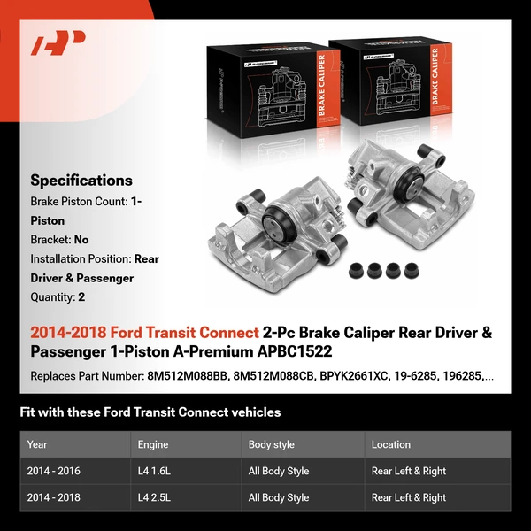 2014-2018 Ford Transit Connect 2-Pc Brake Caliper Rear Driver & Passenger 1-Piston A-Premium APBC1522