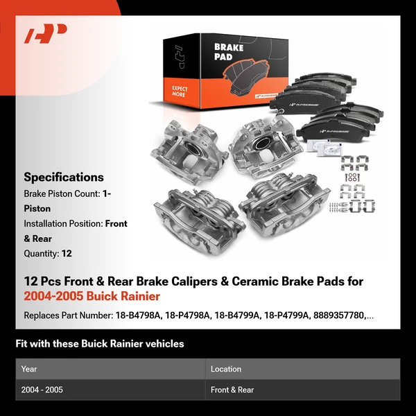 12 Pcs Front & Rear Brake Calipers & Ceramic Brake Pads for 2004-2005 Buick Rainier