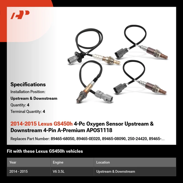 2014-2015 Lexus GS450h 4-Pc Oxygen Sensor Upstream & Downstream 4-Pin A-Premium APOS1118