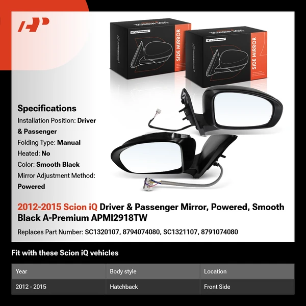 2012-2015 Scion iQ Driver & Passenger Mirror, Powered, Smooth Black A-Premium APMI2918TW